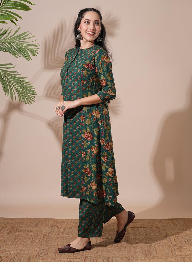globus Women Green Floral Print Mandarin Neck Kurta with Pant Set - Image 1